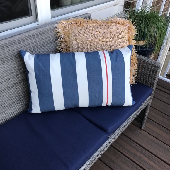 New Pottery Barn Ajay Striped Indoor/Outdoor Lumbar Pillow, Navy Blue Nautical - Picture 7 of 7